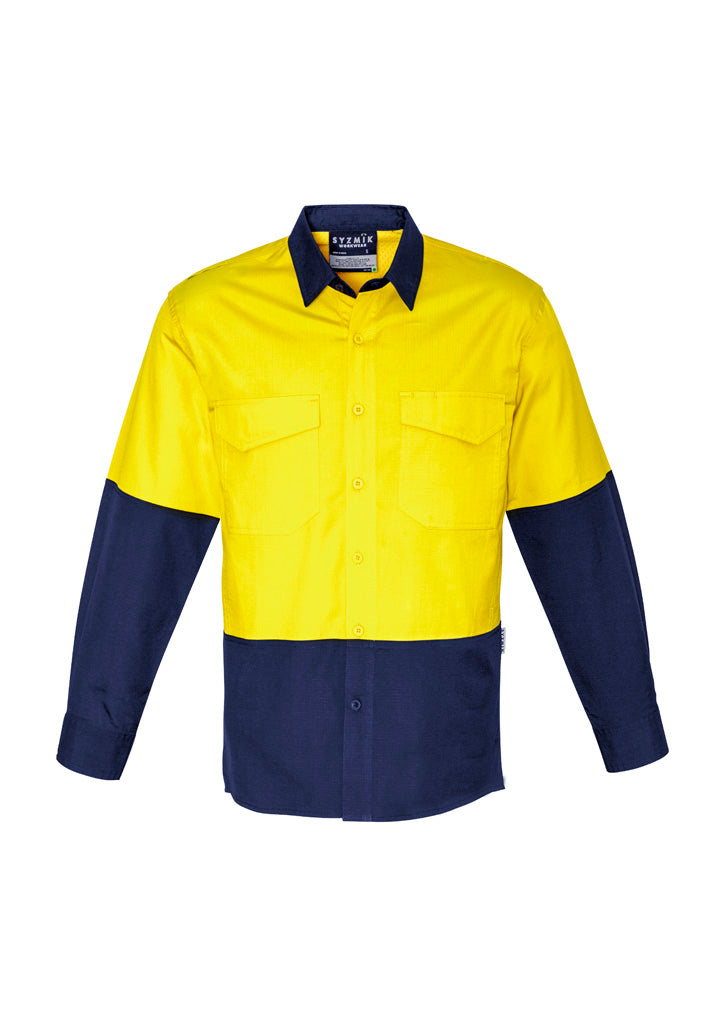 Mens Rugged Cooling Hi Vis Long Sleeve Shirt Yellow/Navy front