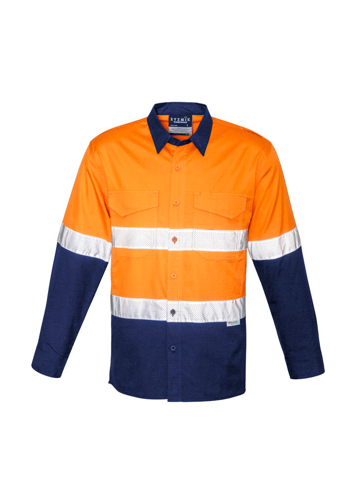 Mens Rugged Cooling Hi Vis Taped Long Sleeve Shirt Orange/Navy front