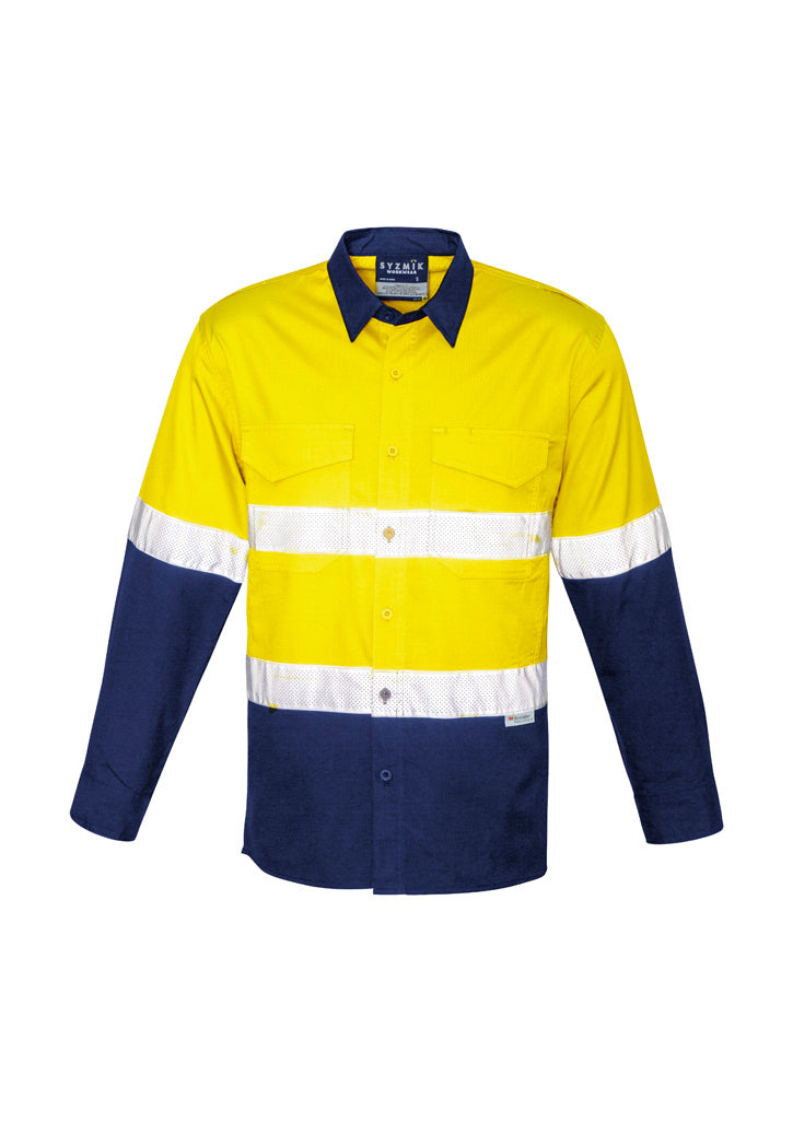Mens Rugged Cooling Hi Vis Taped Long Sleeve Shirt Yellow/Navy back