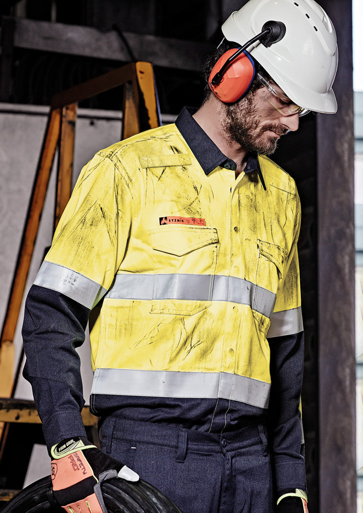 Mens Orange Flame Hi Vis Open Front Spliced Shirt - Hoop Taped Yellow/Navy front