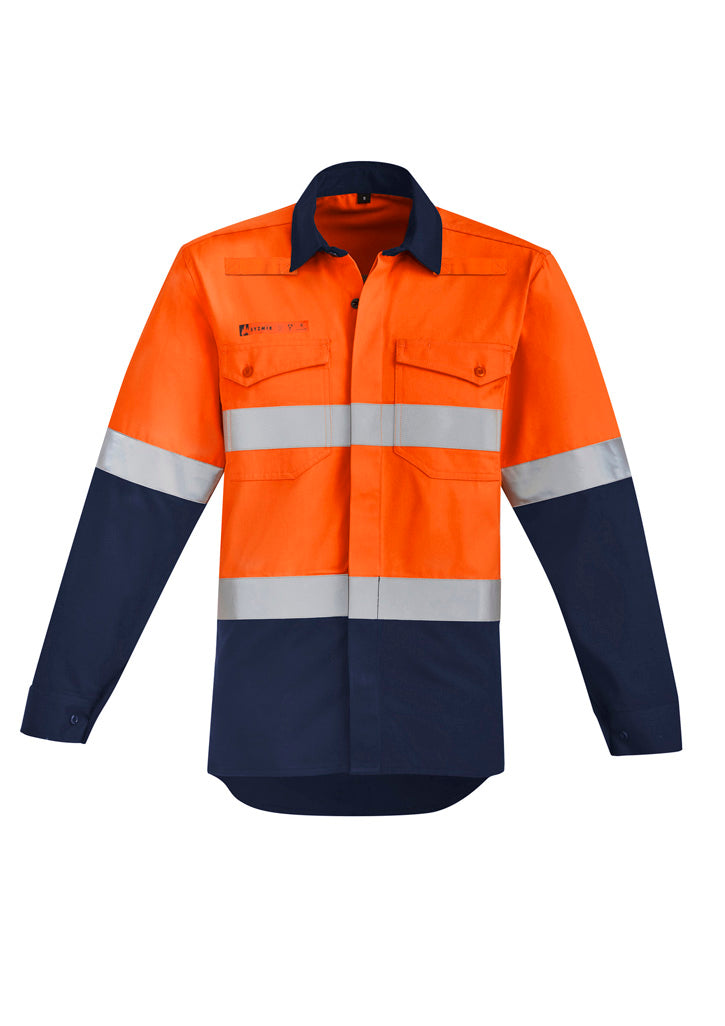 Mens Orange Flame Hi Vis Open Front Spliced Shirt - Hoop Taped Orange/Navy front