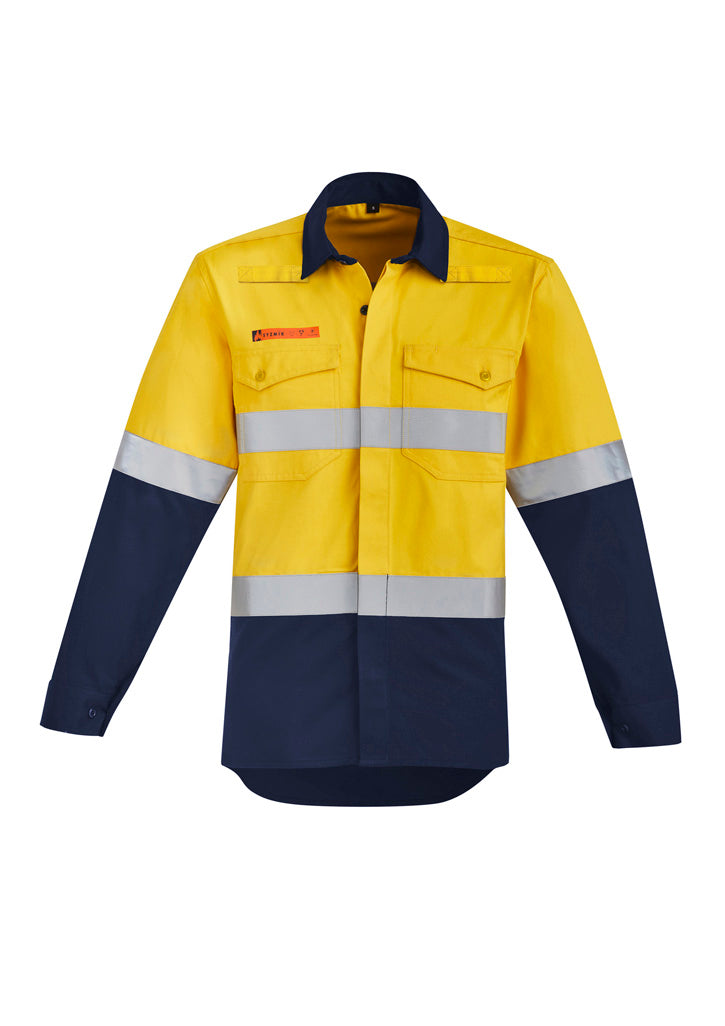 Mens Orange Flame Hi Vis Open Front Spliced Shirt - Hoop Taped Yellow/Navy back