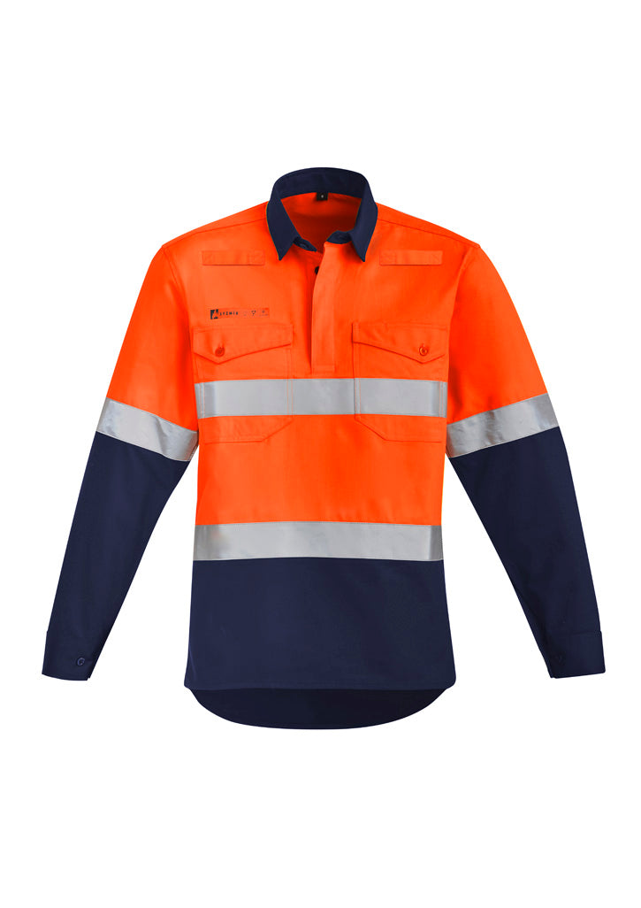 Mens Orange Flame Hi Vis Closed Front Shirt - Hoop Taped Orange/Navy front