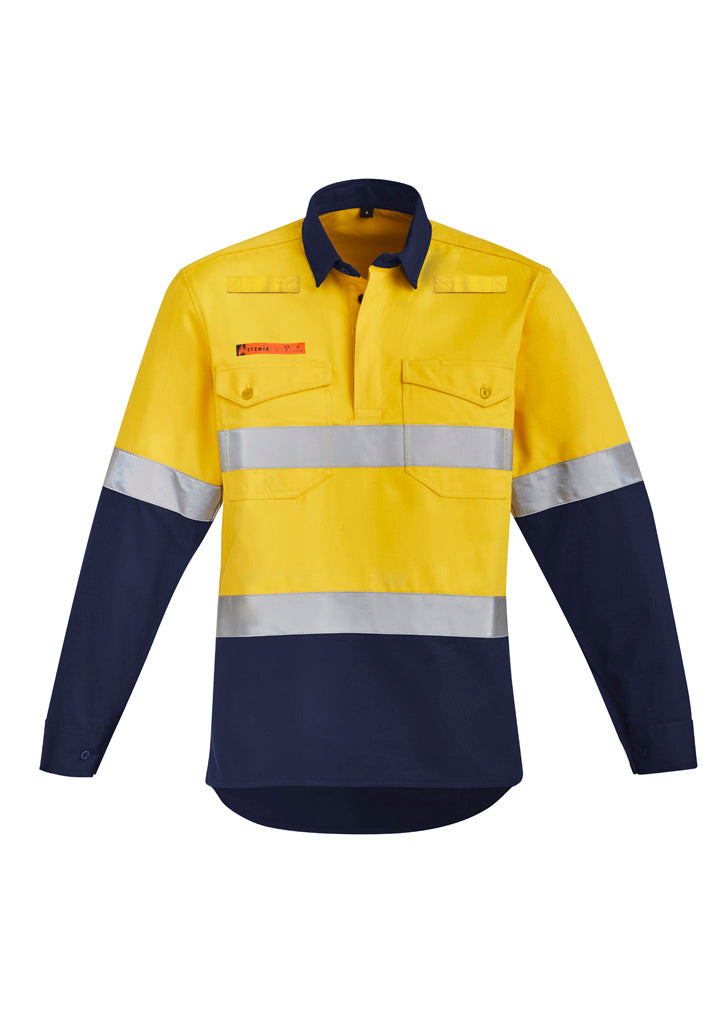 Mens Orange Flame Hi Vis Closed Front Shirt - Hoop Taped Yellow/Navy front