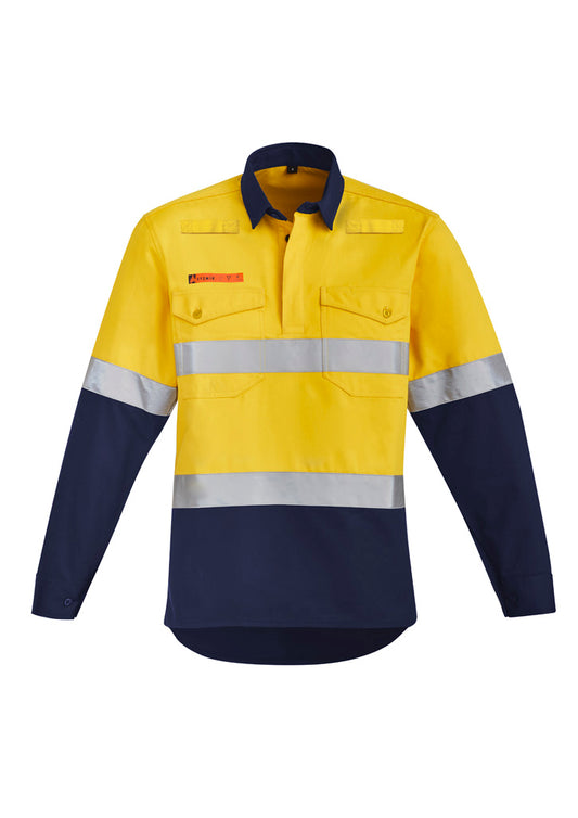 Mens Orange Flame Hi Vis Closed Front Shirt - Hoop Taped Yellow/Navy front