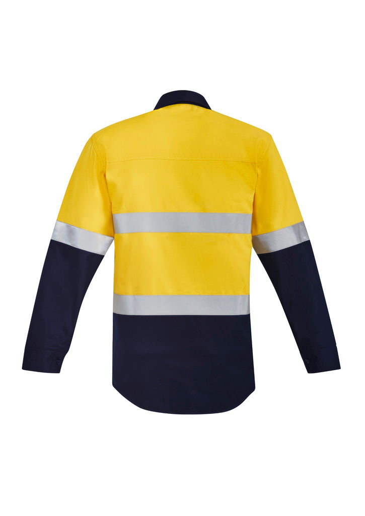 Mens Orange Flame Hi Vis Closed Front Shirt - Hoop Taped Yellow/Navy back