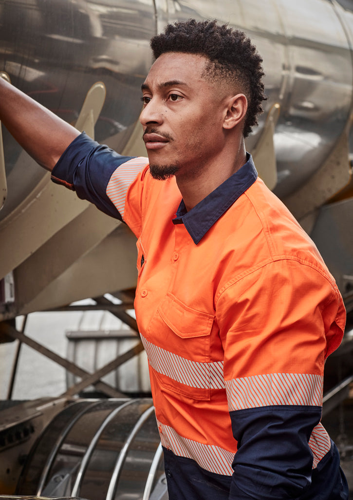 Mens Rugged Cooling Hi Vis Segmented Tape Long Sleeve Shirt Orange/Navy front