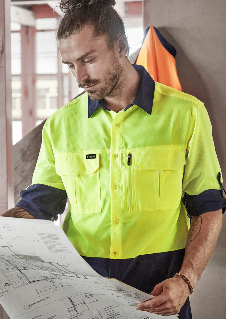 Mens Hi Vis Outdoor Long Sleeve Shirt Yellow/Navy front