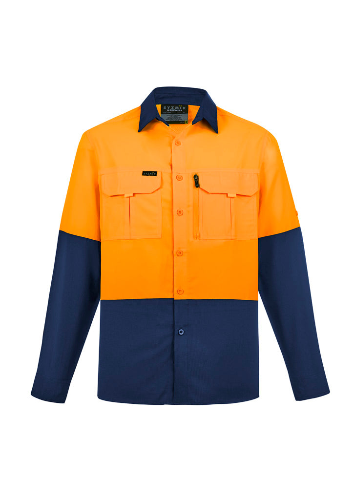 Mens Hi Vis Outdoor Long Sleeve Shirt Orange/Navy front