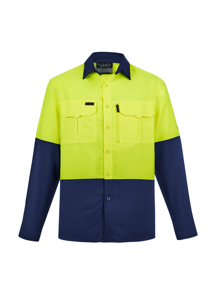 Mens Hi Vis Outdoor Long Sleeve Shirt Yellow/Navy back