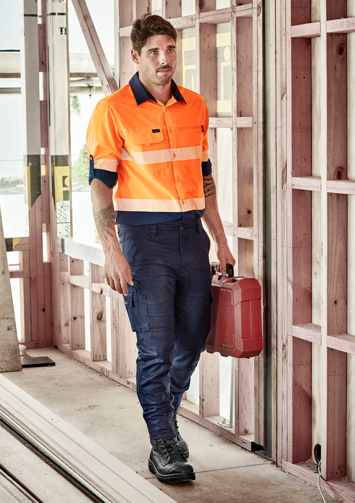 Mens Hi Vis Outdoor Segmented Tape Long Sleeve Shirt Orange/Navy front