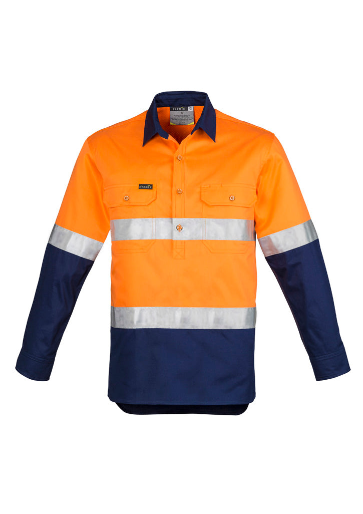 Mens Closed Front Long Sleeve Shirt - Hoop Taped Orange/Navy front