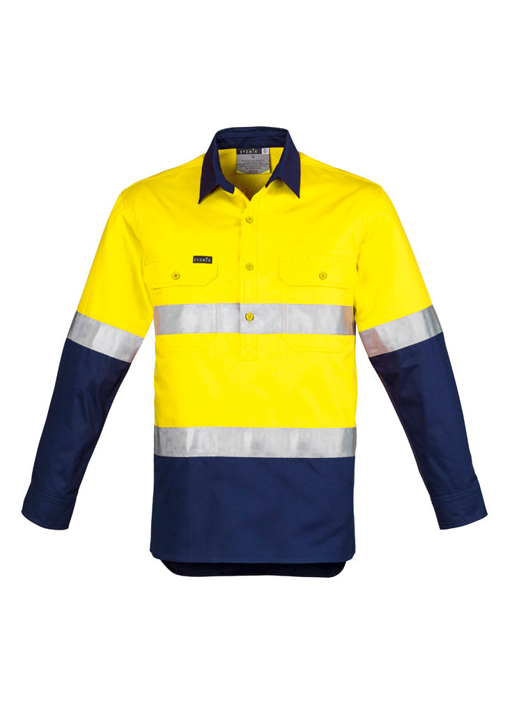 Mens Closed Front Long Sleeve Shirt - Hoop Taped Yellow/Navy front