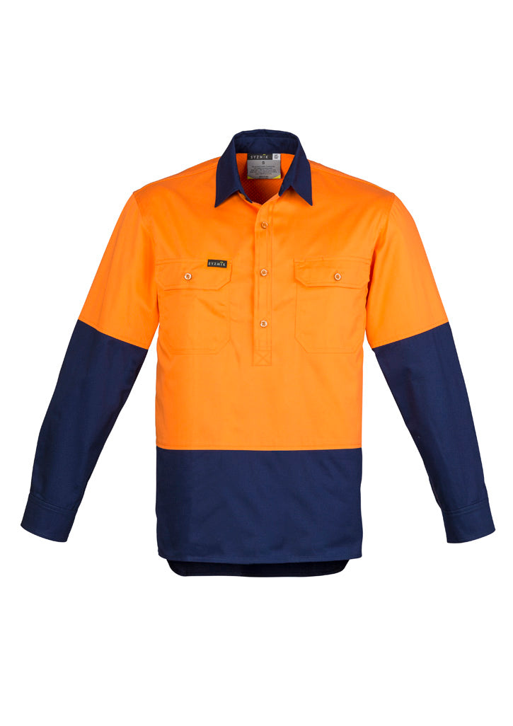 Mens Closed Front Long Sleeve Shirt Orange/Navy front