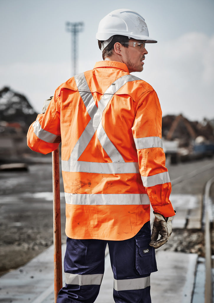 Mens Hi Vis X Back NSW Rail Taped Shirt Orange front