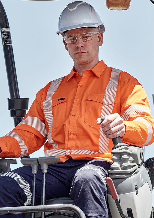 Mens Hi Vis X Back NSW Rail Shirt - Segmented Tape Orange front