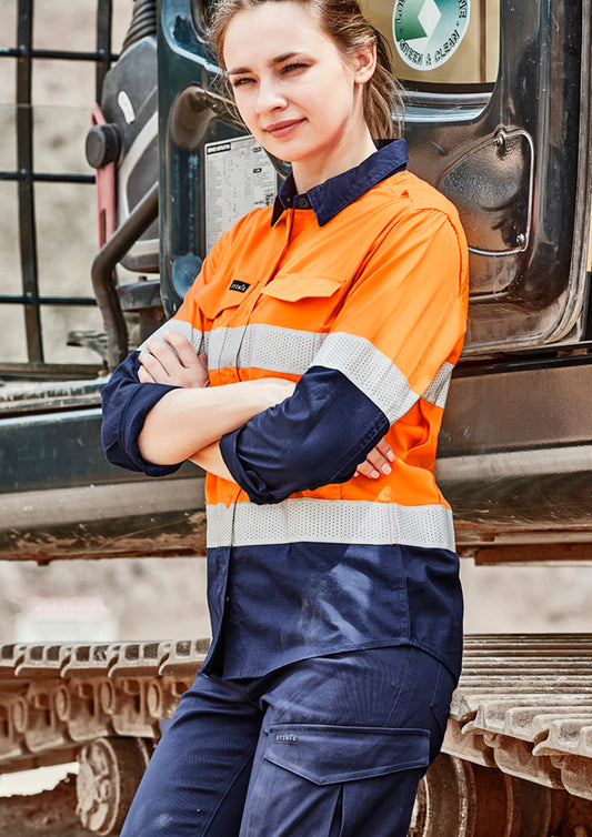 Womens Rugged Cooling Hi Vis Taped Long Sleeve Shirt Orange/Navy front