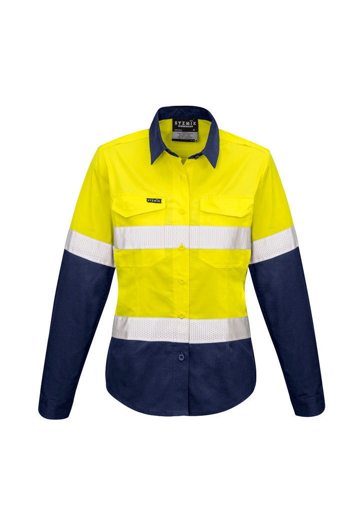 Womens Rugged Cooling Hi Vis Taped Long Sleeve Shirt Yellow/Navy back