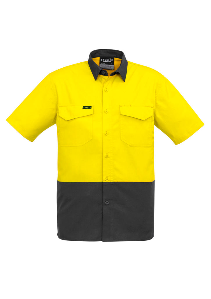 Mens Rugged Cooling Hi Vis Short Sleeve Shirt Yellow/Charcoal front