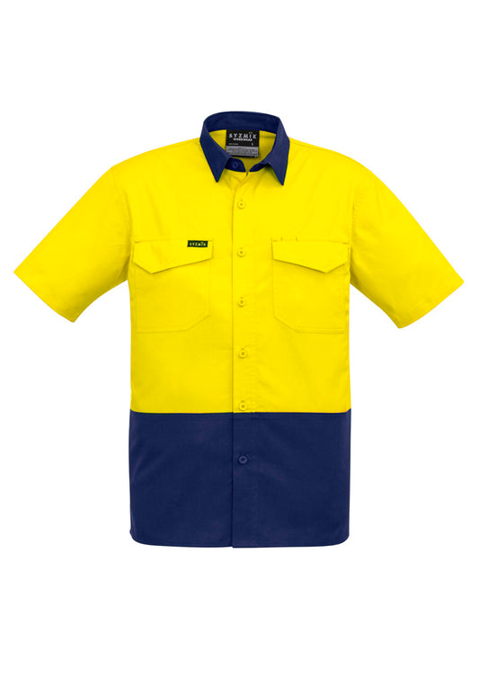 Mens Rugged Cooling Hi Vis Short Sleeve Shirt Yellow/Navy front