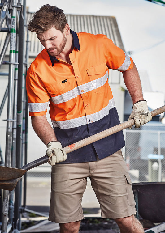 Mens Rugged Cooling Hi Vis Taped Short Sleeve Shirt Orange/Navy front
