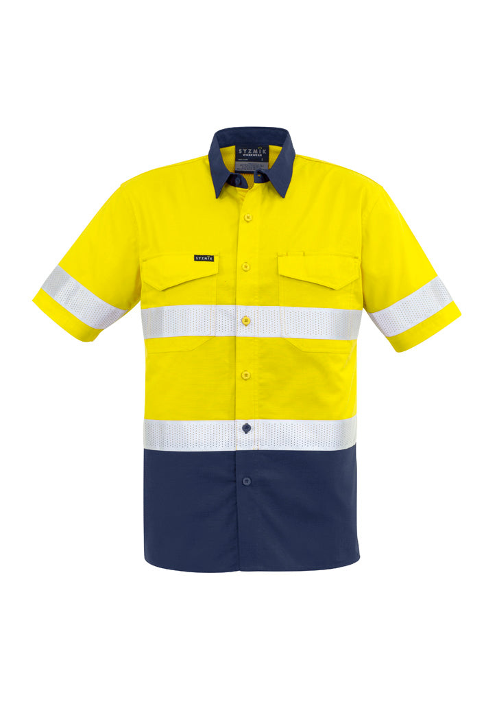 Mens Rugged Cooling Hi Vis Taped Short Sleeve Shirt Yellow/Navy front