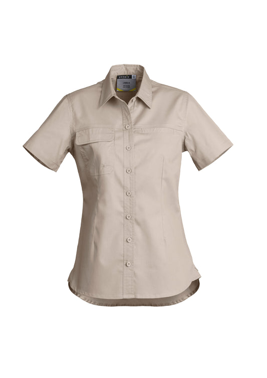 Womens Lightweight Tradie Short Sleeve Shirt Sand front